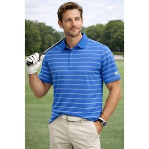 Adidas-Puremotion, Golf, Blue/White, Stripe, Jersey, Polo, Shirt. Size-L